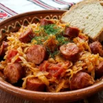 Varza calita cu carnati rumeniti, marar si mamaliga, servita intr-o farfurie rustica.