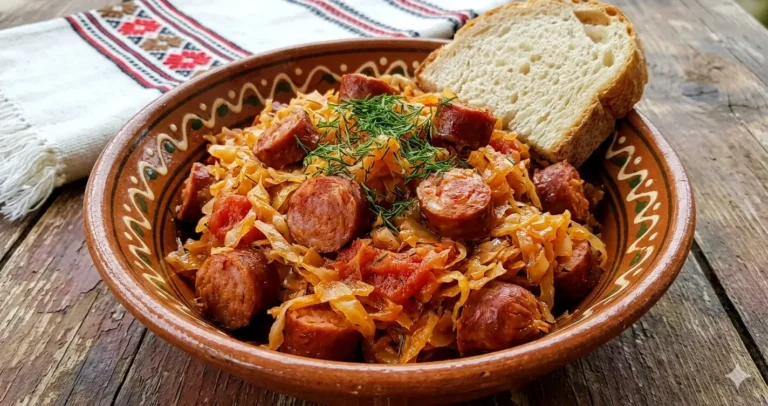 Varza calita cu carnati rumeniti, marar si mamaliga, servita intr-o farfurie rustica.