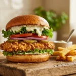 Food photo for Burger de pui crocant cu maioneză cu usturoi, published on Kepoli.