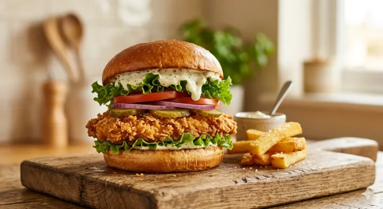 Food photo for Burger de pui crocant cu maioneză cu usturoi, published on Kepoli.