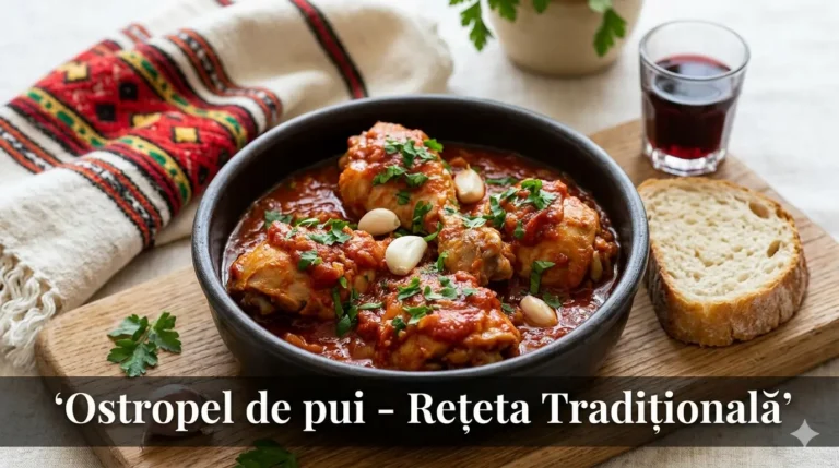 Ostropel de pui cu sos de rosii si usturoi, servit cu patrunjel si garnitura simpla.