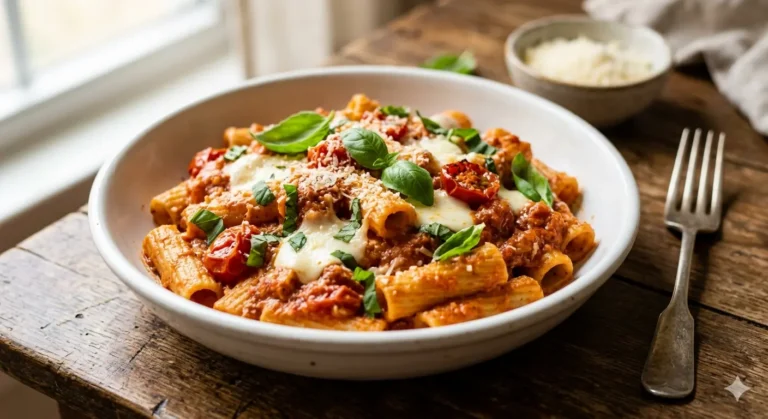 Food photo for Paste cremoase cu roșii, busuioc și mozzarella, published on Kepoli.