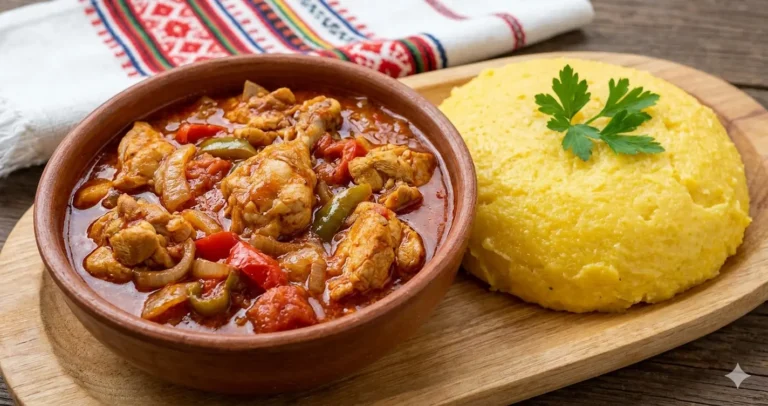 Tocanita de pui cu sos rosu si mamaliga, presarata cu patrunjel proaspat.