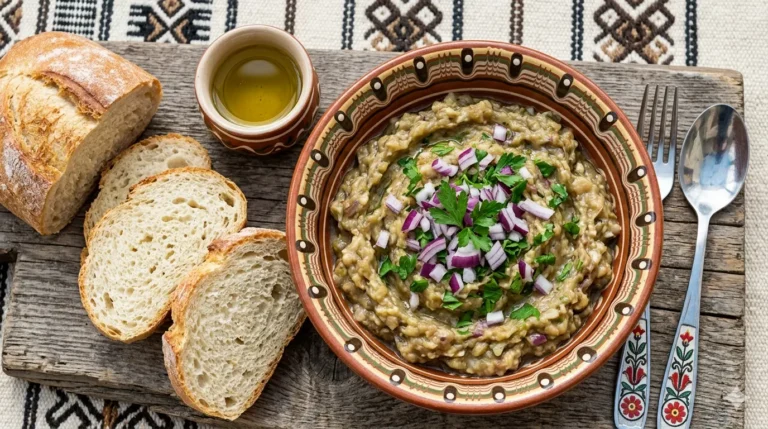 Salata de vinete cremoasa intr-un bol, servita cu rosii, ceapa rosie si paine prajita.