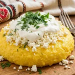 Mamaliga cu branza si smantana intr-un vas rustic, cu straturi calde si textura cremoasa.