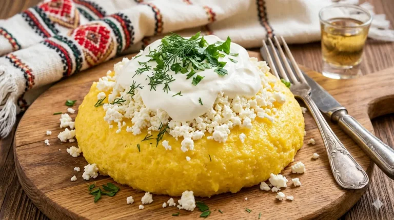 Mamaliga cu branza si smantana intr-un vas rustic, cu straturi calde si textura cremoasa.