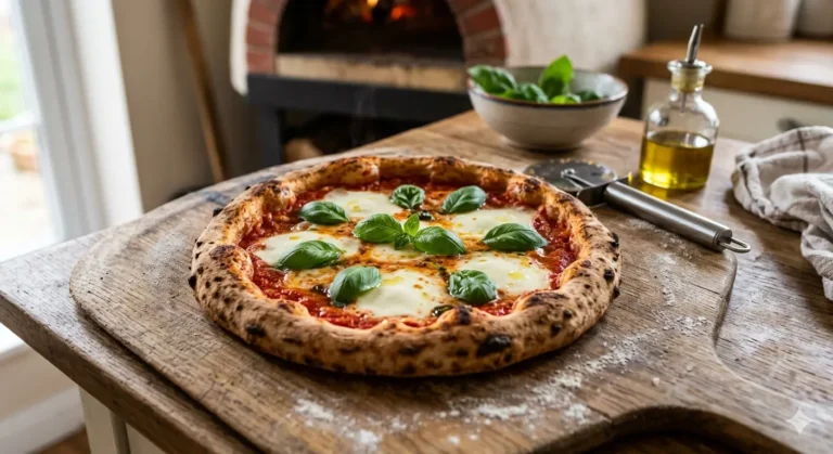 Fotografie culinara pentru Reteta de Pizza Margherita de Casa cu Mozzarella Proaspata si Busuioc, publicata pe Kepoli.