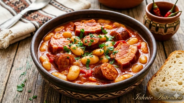 Iahnie de fasole cu sos de rosii, ceapa calita si verdeata, servita cu muraturi.