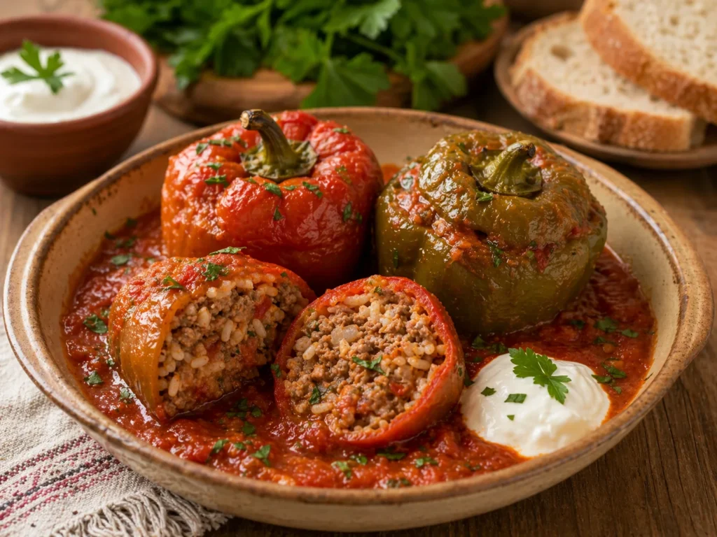 Ardei umpluti cu carne si orez, in sos de rosii, serviti cu smantana si verdeata.