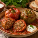 Ardei umpluti cu carne si orez, in sos de rosii, serviti cu smantana si verdeata.