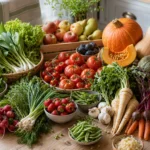 Legume si fructe de sezon asezate pe masa, grupate pe culori intr-o compozitie luminoasa.