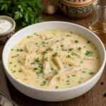 Ciorba de burta servita in bol alb cu fasii de burta, smantana, otet si ardei iute.