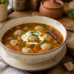 Bol cu ciorba de perisoare, smantana, verdeata proaspata si ardei iute pe masa de bucatarie.