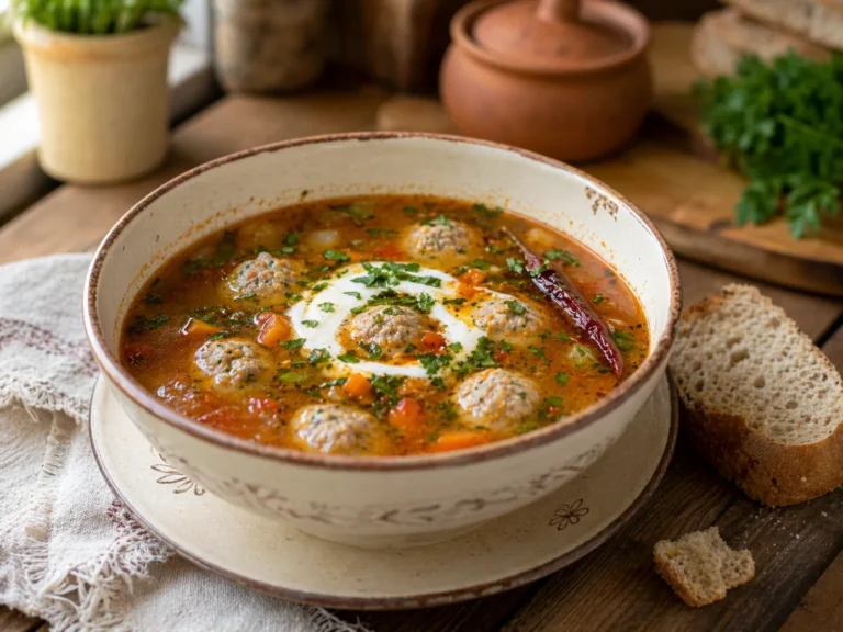 Bol cu ciorba de perisoare, smantana, verdeata proaspata si ardei iute pe masa de bucatarie.