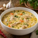 Bol cu ciorba radauteana cremoasa, pui fraged, smantana si patrunjel langa ardei iute.