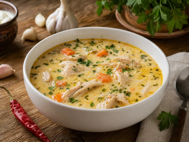 Bol cu ciorba radauteana cremoasa, pui fraged, smantana si patrunjel langa ardei iute.