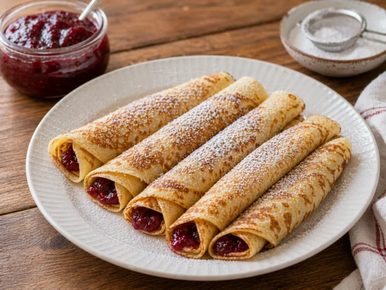 Clatite rulate cu dulceata rosie, presarate cu zahar pudra si servite pe farfurie alba.