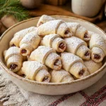 Cornulete fragede pudrate cu zahar, umplute cu gem, asezate intr-un bol de sarbatoare.