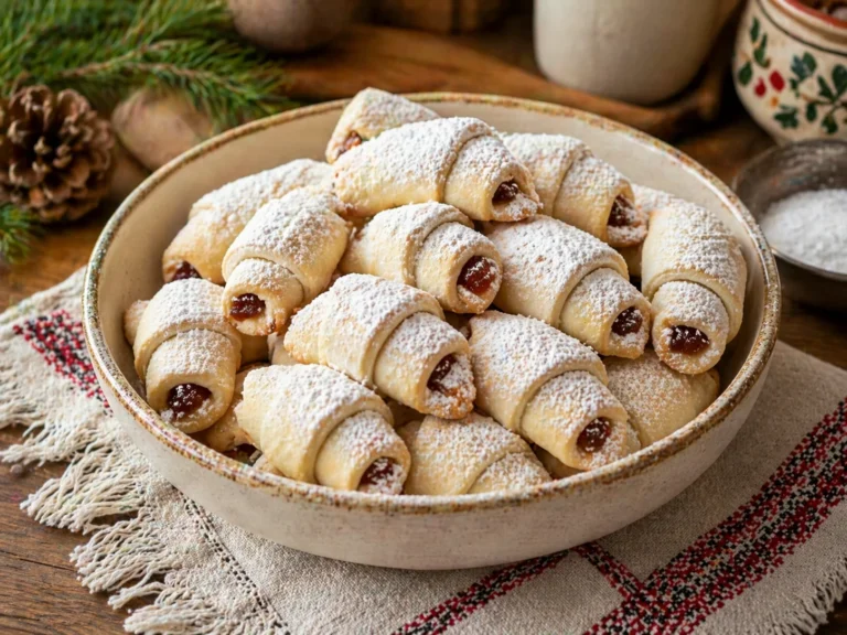 Cornulete fragede pudrate cu zahar, umplute cu gem, asezate intr-un bol de sarbatoare.