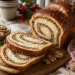 Cozonac cu nuca taiat felii, cu miez spiralat si coaja rumena pe masa de sarbatoare.