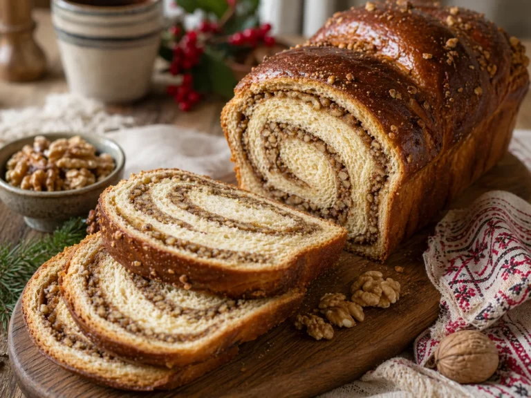 Cozonac cu nuca taiat felii, cu miez spiralat si coaja rumena pe masa de sarbatoare.