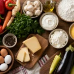 Ingrediente romanesti proaspete pe masa: legume, lactate, faina, oua si verdeata.