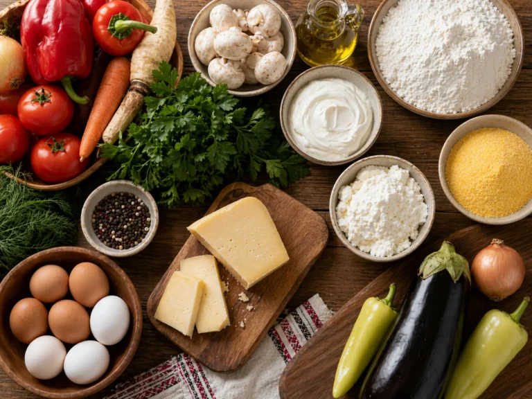 Ingrediente romanesti proaspete pe masa: legume, lactate, faina, oua si verdeata.