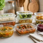 Recipiente curate cu mancare gatita, etichetate discret, pregatite pentru frigider.