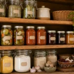 Camara romaneasca ordonata cu borcane de zacusca, muraturi, faina, malai si condimente.