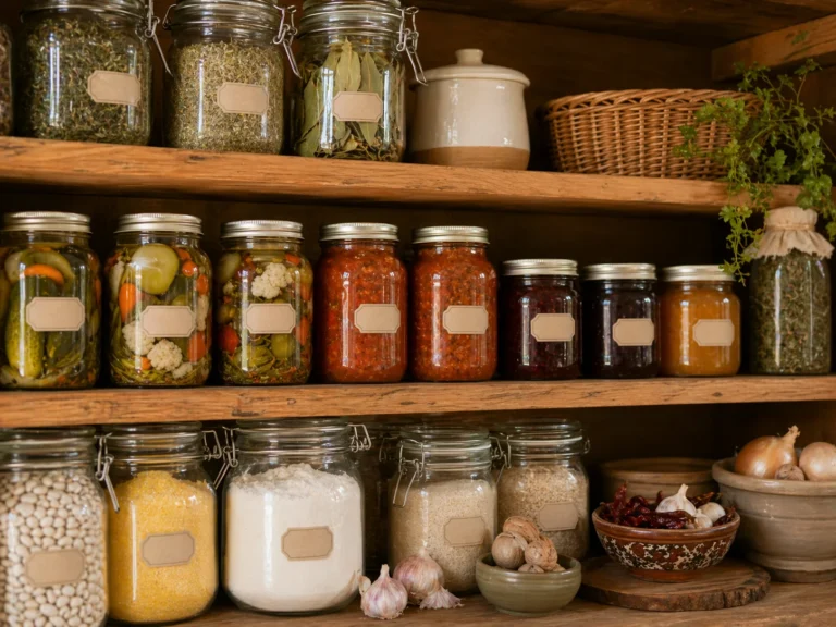 Camara romaneasca ordonata cu borcane de zacusca, muraturi, faina, malai si condimente.