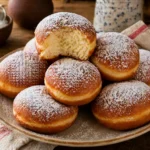 Gogosi pufoase pudrate cu zahar, asezate pe farfurie langa un prosop de bucatarie.