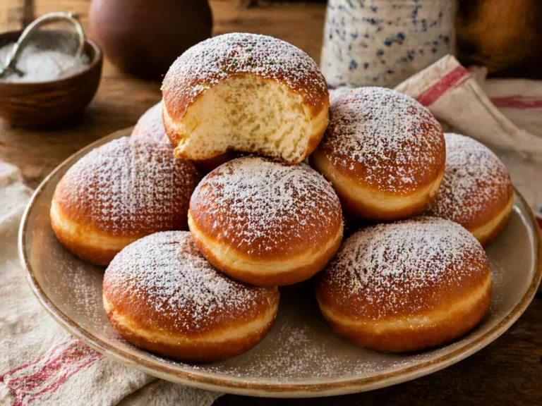 Gogosi pufoase pudrate cu zahar, asezate pe farfurie langa un prosop de bucatarie.