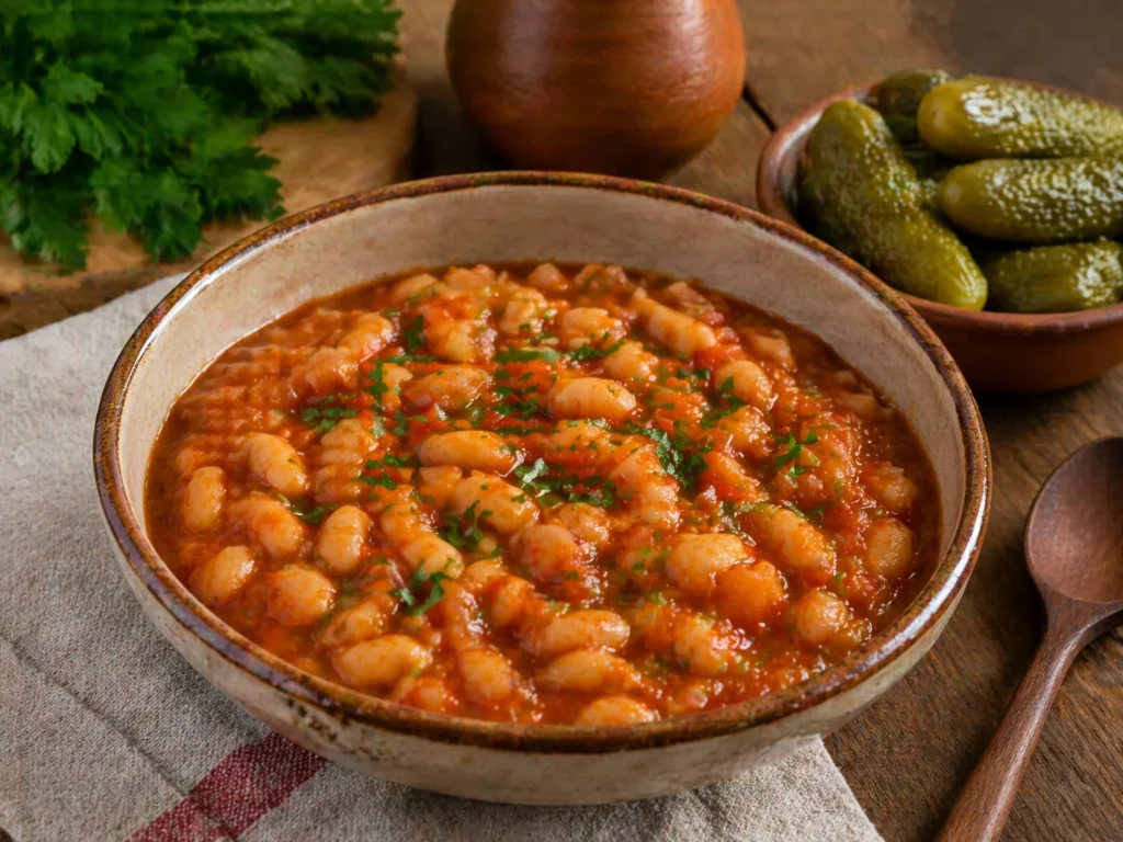 Iahnie de fasole cu sos de rosii, ceapa calita si verdeata, servita cu muraturi.