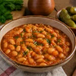 Iahnie de fasole cu sos de rosii, ceapa calita si verdeata, servita cu muraturi.