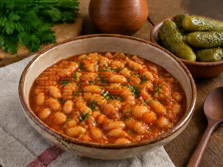 Iahnie de fasole cu sos de rosii, ceapa calita si verdeata, servita cu muraturi.