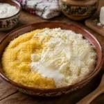 Mamaliga cu branza si smantana intr-un vas rustic, cu straturi calde si textura cremoasa.