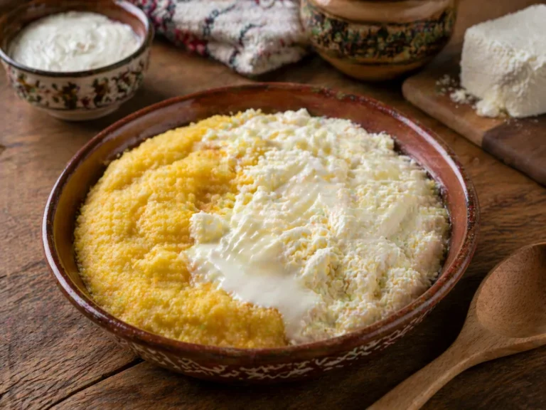 Mamaliga cu branza si smantana intr-un vas rustic, cu straturi calde si textura cremoasa.