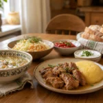 Masa de duminica cu preparate romanesti, farfurii simple, paine si boluri impartite in familie.