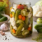 Borcan cu muraturi asortate, castraveti, conopida, morcov si gogonele in saramura.