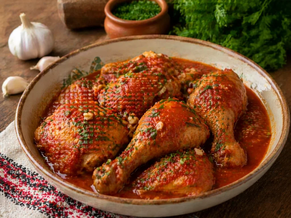 Ostropel de pui cu sos de rosii si usturoi, servit cu patrunjel si garnitura simpla.