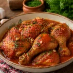 Ostropel de pui cu sos de rosii si usturoi, servit cu patrunjel si garnitura simpla.