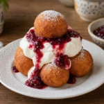 Papanasi prajiti cu smantana si dulceata rosie, pudrati usor, pe farfurie alba.