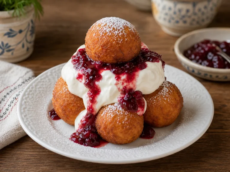 Papanasi prajiti cu smantana si dulceata rosie, pudrati usor, pe farfurie alba.