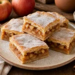 Placinta cu mere taiata in patrate, pudrata fin, cu umplutura de mar si scortisoara.