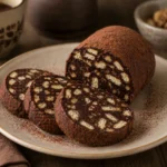 Felii de salam de biscuiti cu cacao si bucati de biscuit, asezate pe platou simplu.