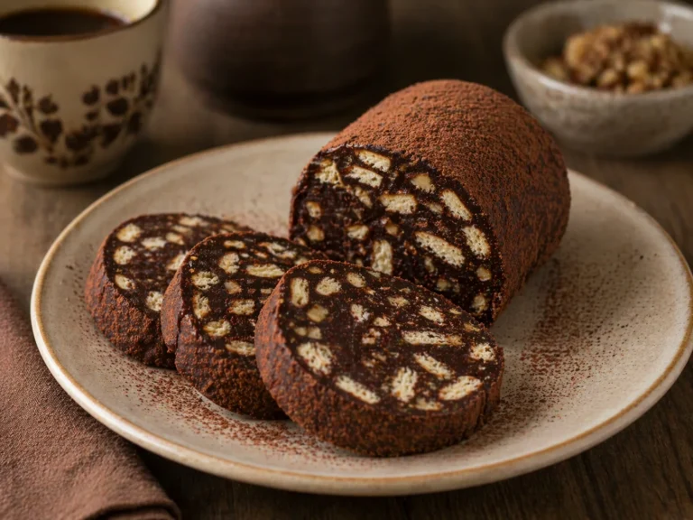 Felii de salam de biscuiti cu cacao si bucati de biscuit, asezate pe platou simplu.