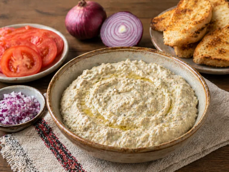 Salata de vinete cremoasa intr-un bol, servita cu rosii, ceapa rosie si paine prajita.