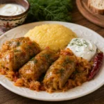 Sarmale in foi de varza servite cu smantana, mamaliga si ardei iute pe farfurie alba.