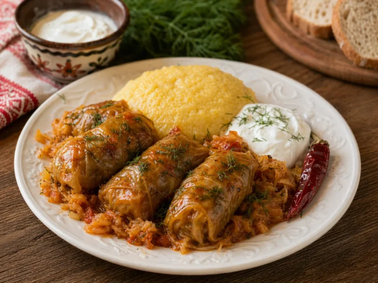 Sarmale in foi de varza servite cu smantana, mamaliga si ardei iute pe farfurie alba.