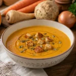 Supa crema de legume de iarna, portocalie si fina, cu crutoane si seminte de dovleac.